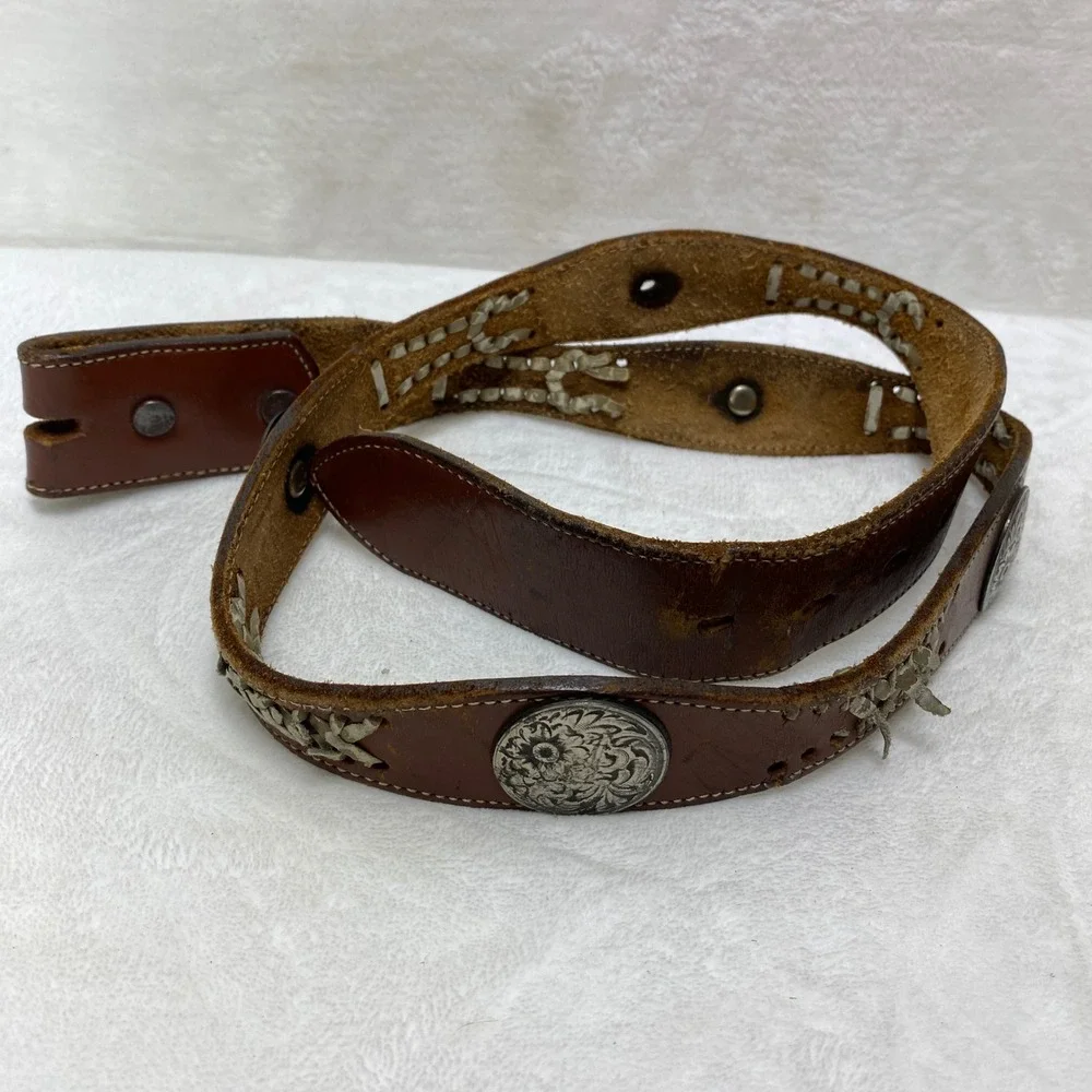 VTG Distressed‎ Brown Leather Western Concho Belt Whipstitch Lacing No Buckle